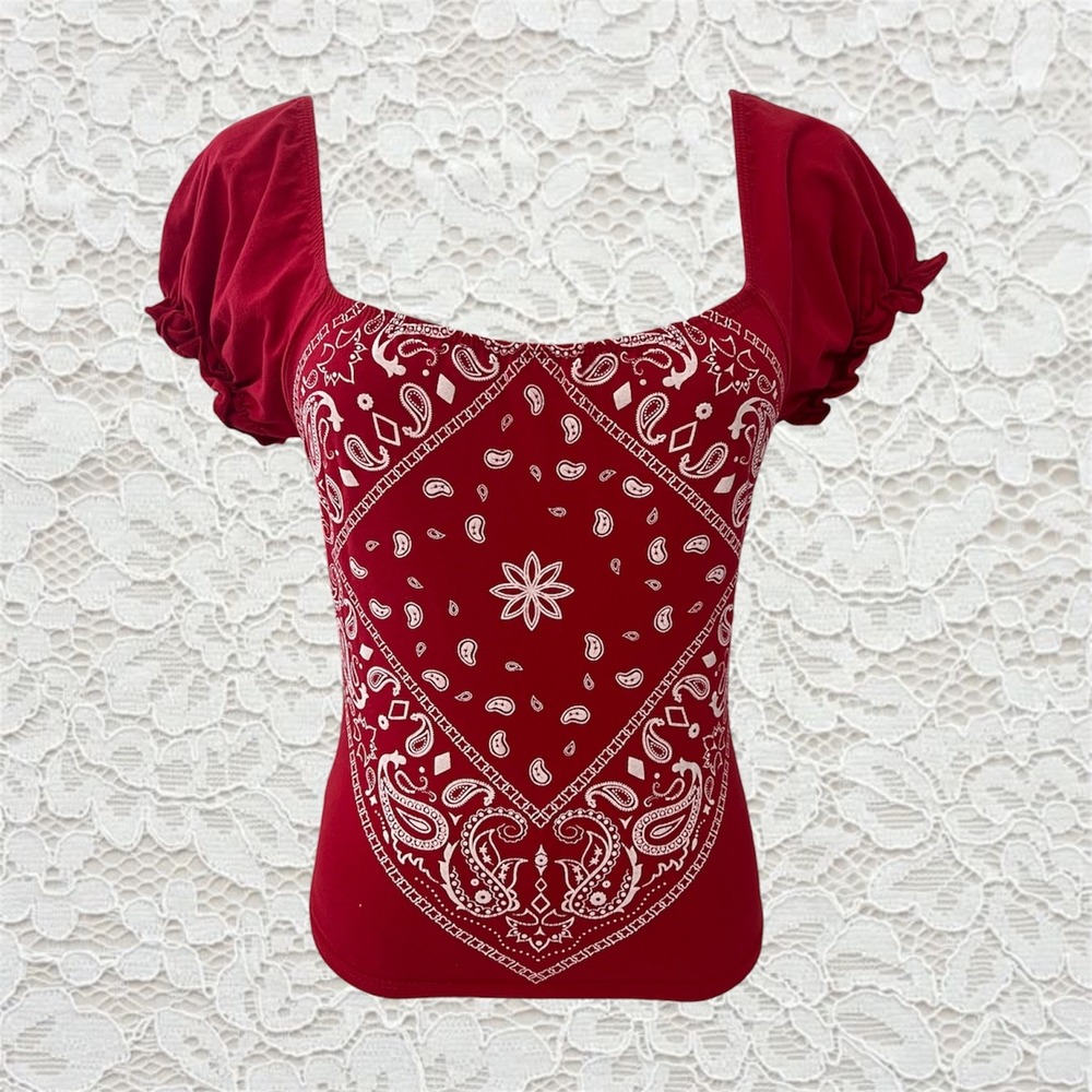 vintage y2k bandana patterned puff sleeve baby tee